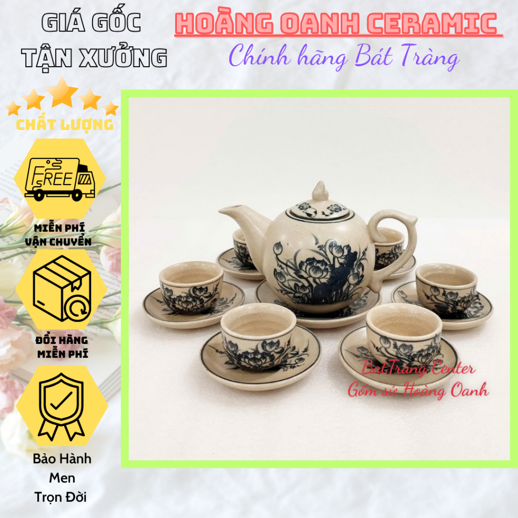 Ấm chén men rạn cổ Bát Tràng-bộ Chóp Lửa vẽ Sen