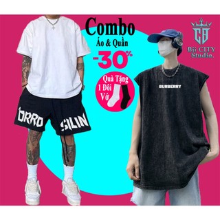 Combo Áo Ba Lỗ Thun Loang Đen Unisex & Quần short Nam Nữ Chữ Brro SiLin