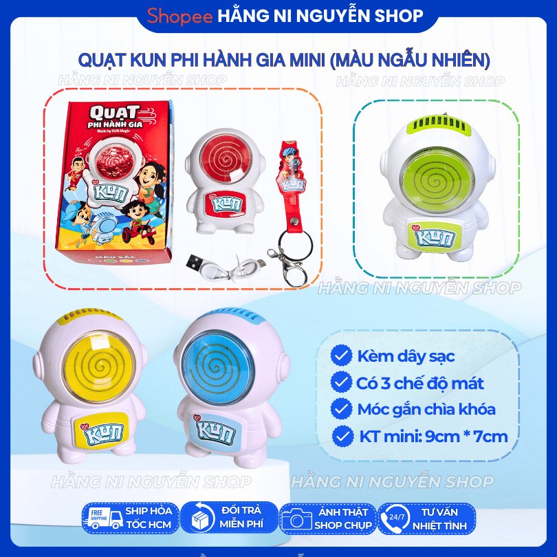 Quạt Kun phi hành gia mini 9x7cm kèm móc gắn chìa khóa và dây sạc (MÀU NGẪU NHIÊN)