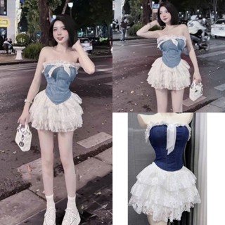 Set váy nữ áo ống jean cúp ngực viền ren có mút đính nơ phối chân váy ren tầng sang chảnh có quần trong chun lưng <53kg