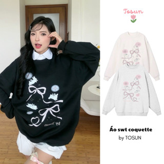  Áo Sweater Nỉ Lót Bông TOSUN In Họa Tiết Nơ Thỏ Phong Cách Coquette S28 