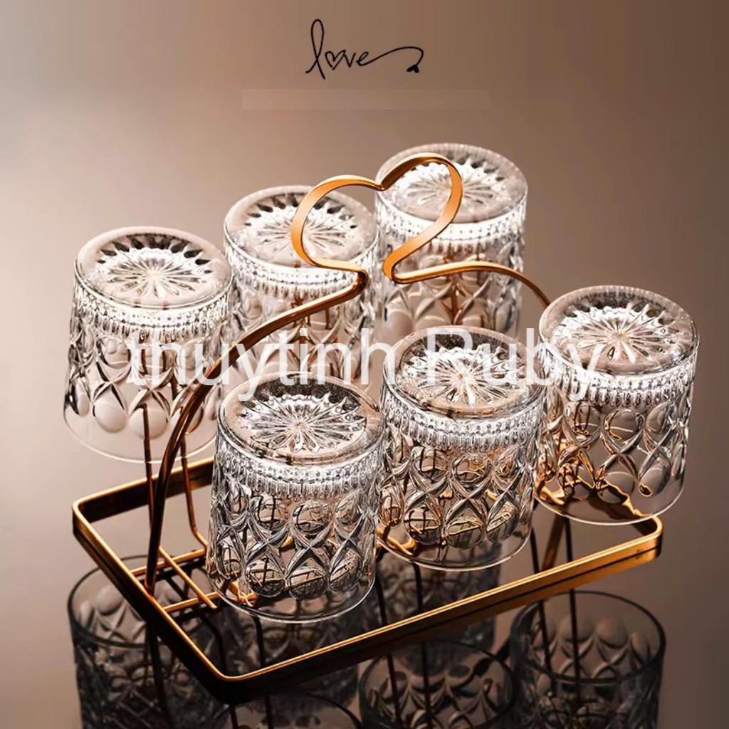 Set 6 Ly thủy tinh pha lê, khay úp ly, cốc uống rượu, ly sinh tố, ly soda, ly uống nước sang trọng