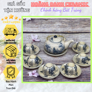 (CHỌN MẪU)Ấm chén men rạn cổ Bát Tràng-bộ Trúc Lâm Thất Hiền, bộ Cổ Tự dưới gốc cây Tùng,bộ Nhị Cảnh Sơn Thuỷ quai đồng