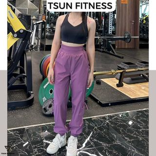 Quần jogger thể thao cạp cao form rộng chất giấy gió thoáng mát, quần jogger tập gym, yoga, zumba phối dây Tsun Fitness