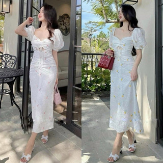 ĐẦM MIDI XÔ REN HOA RÚT DÂY NHÚN NGỰC KHOÉT EO TAY PHỒNG