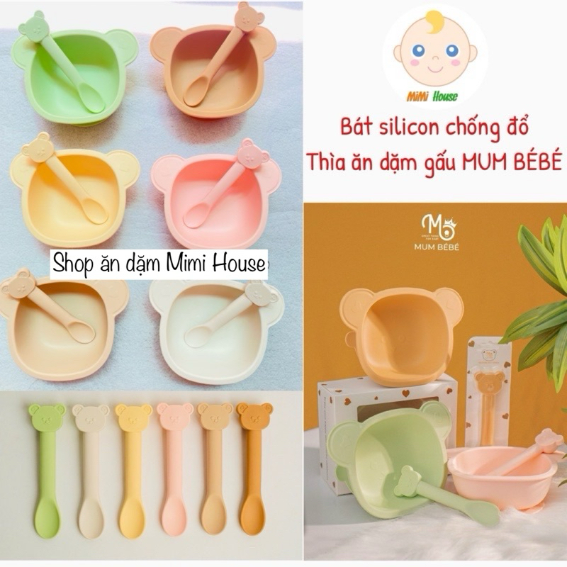 Bát ăn dặm silicon chống đổ và thìa ăn dặm gấu MUM BÉBÉ