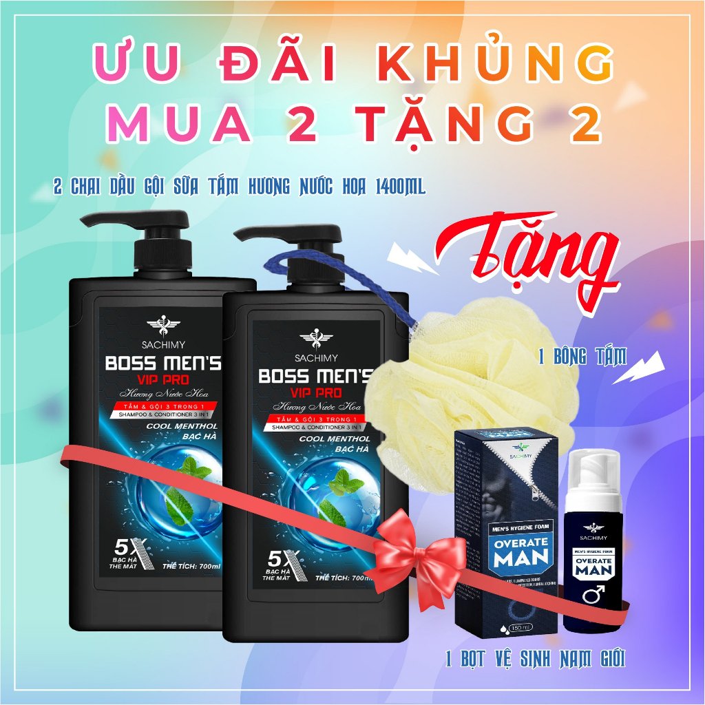 2 CHAI Sữa Tắm Gội Nam Hương Nước hoa SACHIMY 1400ml tặng 1 dung dịch tạo bọt nam giới tặng 1 bông tắm