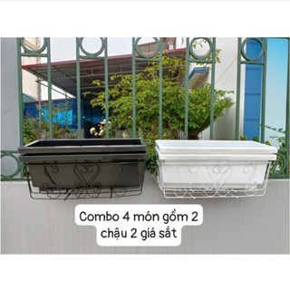 Combo 4 món chậu và giá treo 48x20x16 chậu trồng cây hoa, giá sắt treo ban công