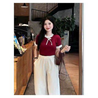  Set Bộ Áo Thun Nữ Tiểu Thư Ngắn Tay Kèm Quần Đũi Suông Trơn Thiết Kế Nhún Viền Tiểu Thư S1308 