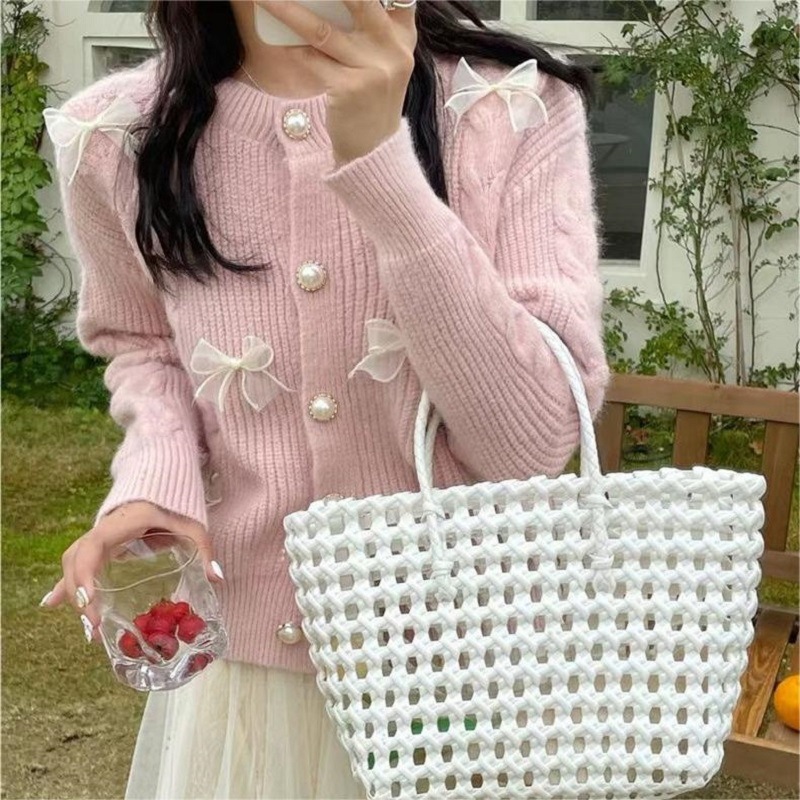 Áo len nữ cúc ngọc đính nơ dễ thương 2 màu cute xinh xỉu, ao len nu thu đông của nữ mẫu mới