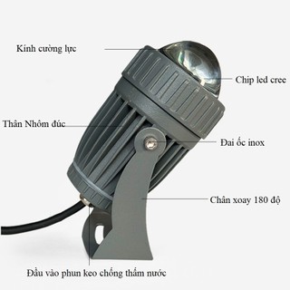 Đèn rọi cột 12w , Nhôm đúc nguyên khối , thấu kính thủy tinh lồi góc chiếu 5 độ, chiếu xa 30 mét