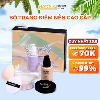 Set trang điểm nền Prrety Makeup 4 món Kem lót Kem nền Phấn phủ Mút Cọ kiềm dầu kháng nước nâng tone Hatola