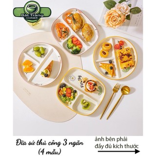 Đĩa sứ chia ngăn siêu xinh, đĩa chia ngăn thức ăn giảm cân, dĩa sứ nhiều ngăn đa năng