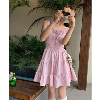 Đầm váy nữ kaki mềm 2 dây cột nơ ngực xinh xắn với màu hồng cute phù hợp đi tiệc, đi biển
