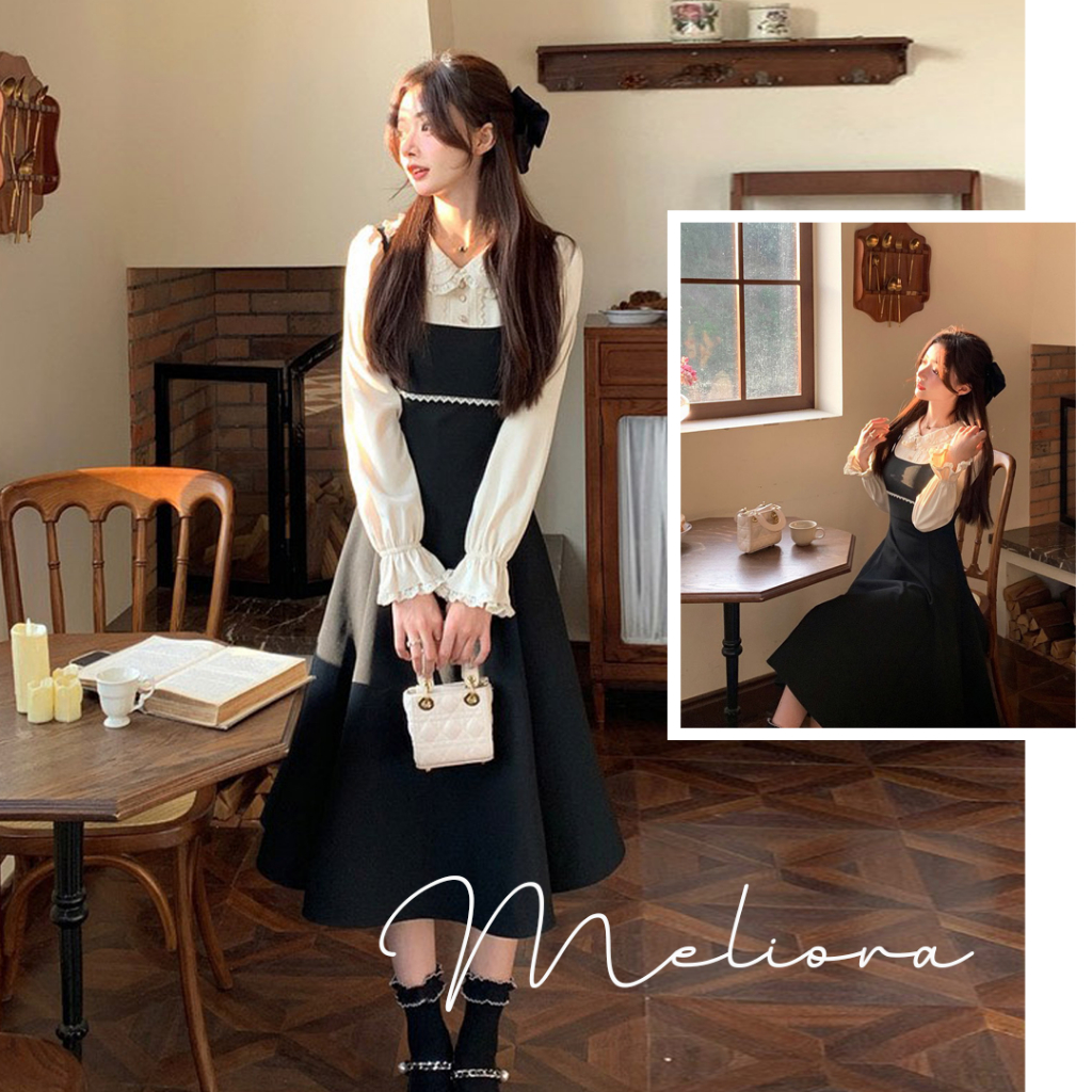 Đầm dáng dài tay tiểu thư cổ bèo ren màu kem