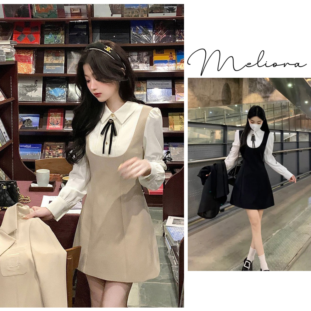 Đầm sơ mi tiểu thư tay nơ dáng ngắn màu trơn xinh xắn ngọt ngào thu đông dài tay