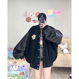 Áo bomber nam nữ phối tay da bo gấu chữ A thời trang hàn quốc
