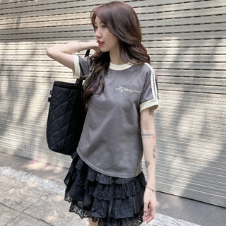  Baby Tee Cotton sọc tay Áo thun Nữ thêu chữ 24SamX - Kem xám form tôn dáng thoáng mát - BT-06 