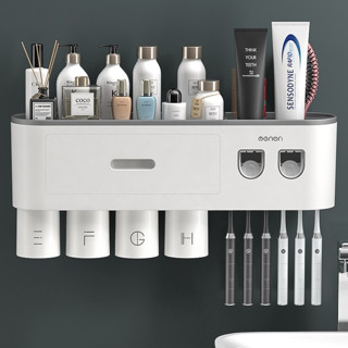 Bộ 2 Nhả Kem Đánh Răng Tự Động, Hộp Đựng Bàn Chải Đánh Răng Lắp Đặt Dán Tường Gạch Men Kèm Cốc Hút Nam Châm