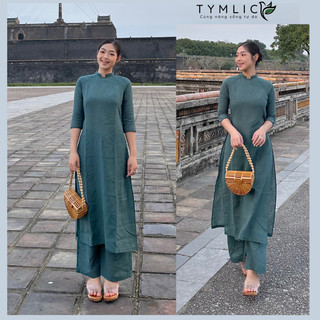  Áo Dài Truyền Thống Linen Cổ Vuông Hở Họa Tiết Kẻ Ô Nhí Màu Xanh Lam Ngọc AD344 TYMLIC  không kèm quần  