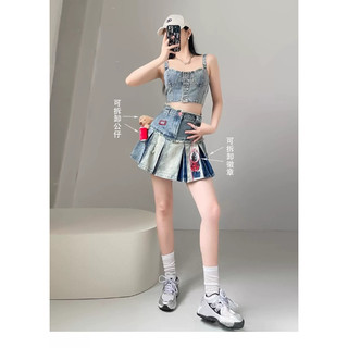 Chân váy gấu Coca denim xếp ly