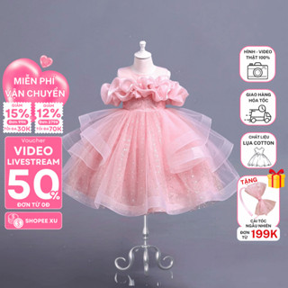 Đầm váy công chúa dự tiệc cho bé gái Tutupetti thiết kế bèo nhún vai xòe bồng xinh xắn
