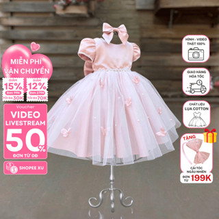 Đầm váy công chúa cho bé gái Tutupetti màu hồng phấn đính nơ hoa đáng yêu