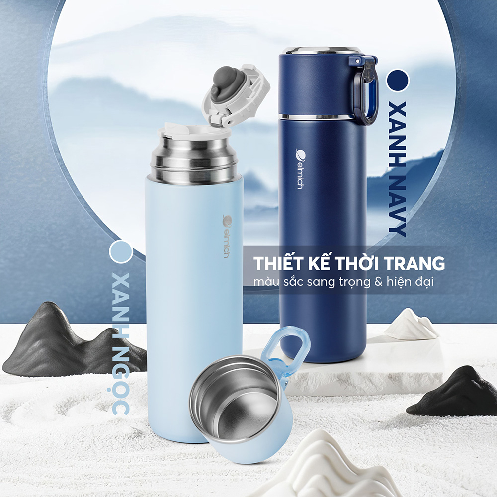 Bình giữ nhiệt inox 316 Elmich EL8315 480ml, Hàng chính hãng, nắp dùng làm cốc, có lưới lọc -JoyMall