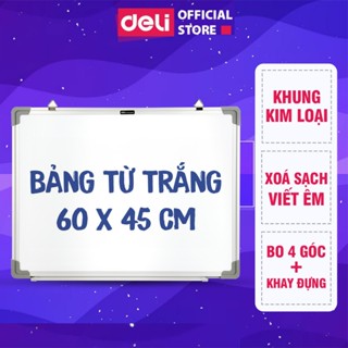 Bảng Từ Trắng Viết Bút Lông Chính Hãng DELI - Bảng Trắng Mica Viền Nhôm KT 60x45cm - Bảng Treo Tường Nam Châm Kèm Khay