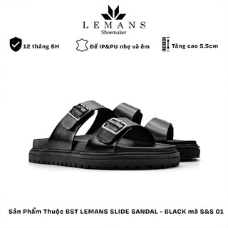 Dép Tăng Chiều Cao LEMANS SLIDE SANDAL S&S 01 -BLACK, đế 2 lớp cao 5.5cm, thiết kế dép 2 quai ngang, Bảo hành 12 tháng