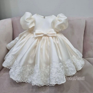 Đầm váy dự tiệc cho bé gái Tutupetti trắng ngà thêu ren tay bồng dễ thương