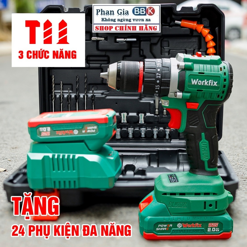 [LOẠI 1] Máy khoan pin WORKFIX 21V, Động cơ KHÔNG CHỔI THAN - Tăng kèm bộ phụ kiện 24 chi tiết
