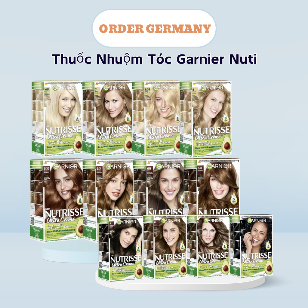 Garnier Nutrisse creme Thuốc Nhuộm Tóc phủ bạc, bền màu vĩnh viễn và phục hồi tóc hư tổn Đức