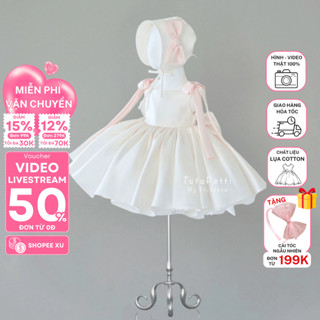 Đầm váy thôi nôi cho bé gái Tutupetti vai nơ hồng lớn điệu đà từ 1-3 tuổi
