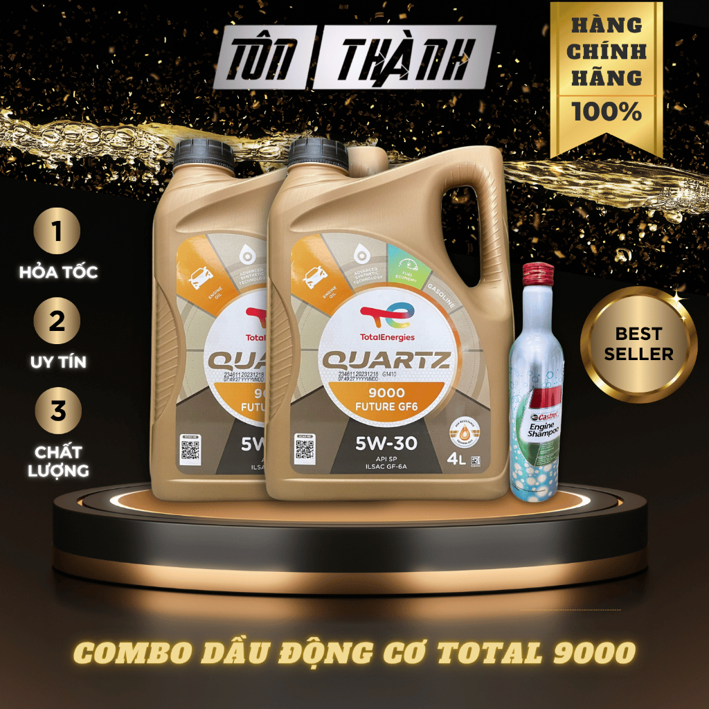 [ Combo bảo dưỡng ] 2 Bình nhớt động cơ Total 9000 5w30 + Súc động cơ Castrol