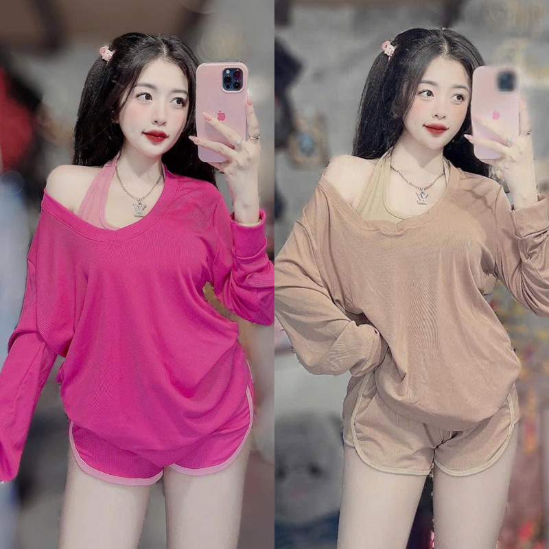Set Bộ 3 Món Áo Yếm Chòng Cổ Croptop + Áo Thun Thụng là một Cổ Tim Tay Dài + Quần Short Đùi Chất Tăm Lạnh