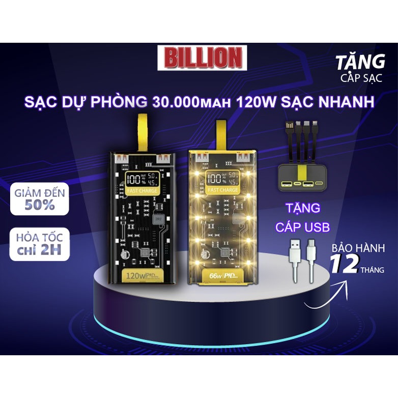 Sạc Dự Phòng 30.000mAh BILLION PK101 Sạc Nhanh Trong Suốt PD 120W Tích Hợp 4 Cáp Sạc Và Đèn Led