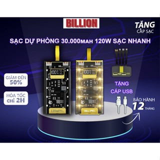 Sạc Dự Phòng 30.000mAh BILLION PK101 Sạc Nhanh Trong Suốt PD 120W Tích Hợp 4 Cáp Sạc Và Đèn Led