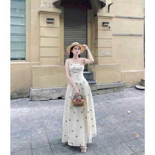 Đầm maxi thời trang nữ chất lụa cúp ngực có mút váy dài dáng xòe họa tiết in nơ mẫu mã y hình phong cách nữ tính