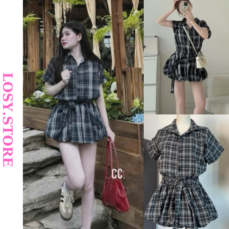 Váy nữ liền thân kẻ caro tay ngắn dáng bí kèm đai lưng , sét áo sơ mi liền thân cổ sơ mi trendy LOSY.STORE