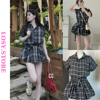 Váy nữ liền thân kẻ caro tay ngắn dáng bí kèm đai lưng , sét áo sơ mi liền thân cổ sơ mi trendy LOSY.STORE