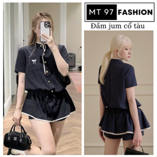 Set Váy Jumpsuit Nữ Tiểu Thư Cổ Tàu Đầm Xinh Phối Ren Kẻ Xanh Than Thêu Nơ Túi Xanh Đen Sọc Trắng Công Chúa MT97 FASHION