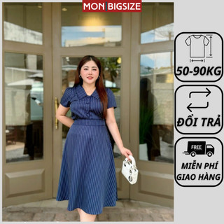 Set đồ bộ bigsize nữ dự tiệc đi chơi sang chảnh kiểu áo sơ mi nút bọc kèm chân váy xòe vải cotton MON big size 50 - 90kg
