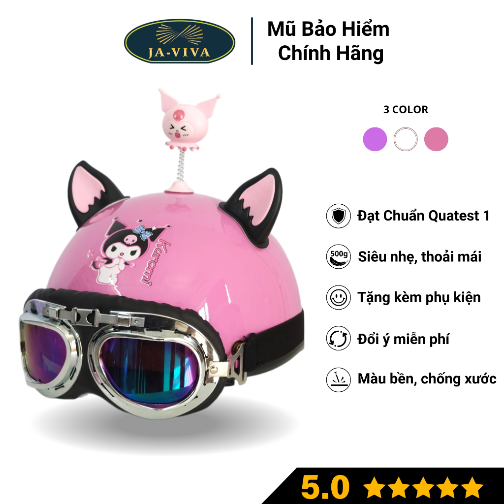 Mũ bảo hiểm Kuromi nón bảo hiểm Javiva nửa đầu kèm phụ kiện dễ thương