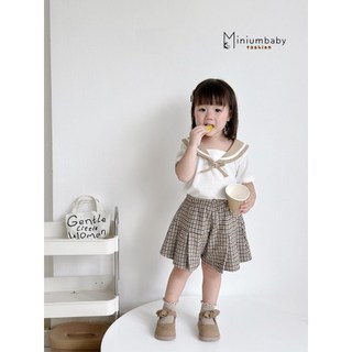 Bộ đồ cộc tay bé gái cổ đính nơ mix quần váy điệu đà, bé 1-6 tuổi, chất cotton mềm mịn Miniumbaby SB1996