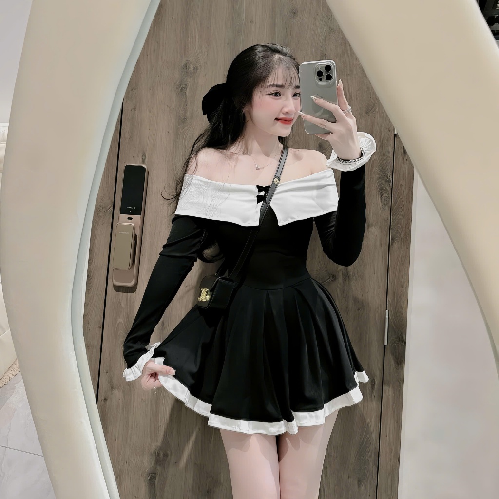 Đầm Tiểu Thư Trễ Vai Dài Tay Phối Trắng Viền Bèo Đính 2 Nơ Nhỏ Dáng Xoè | BigBuy360 - bigbuy360.vn
