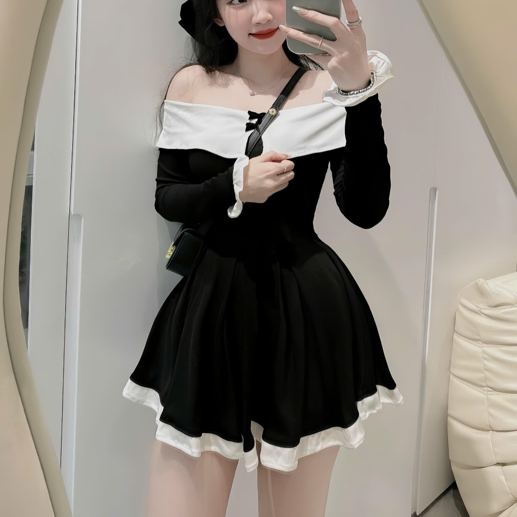Đầm Tiểu Thư Trễ Vai Dài Tay Phối Trắng Viền Bèo Đính 2 Nơ Nhỏ Dáng Xoè | BigBuy360 - bigbuy360.vn