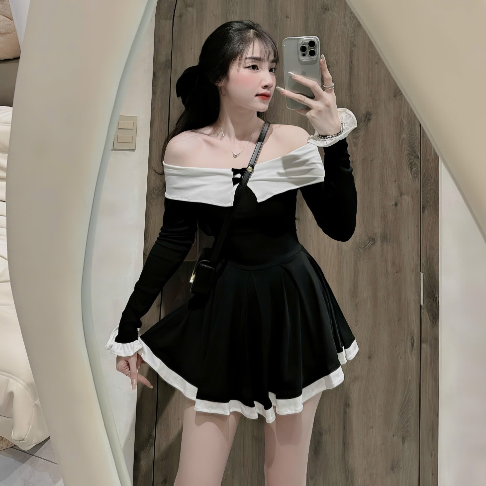 Đầm Tiểu Thư Trễ Vai Dài Tay Phối Trắng Viền Bèo Đính 2 Nơ Nhỏ Dáng Xoè | BigBuy360 - bigbuy360.vn