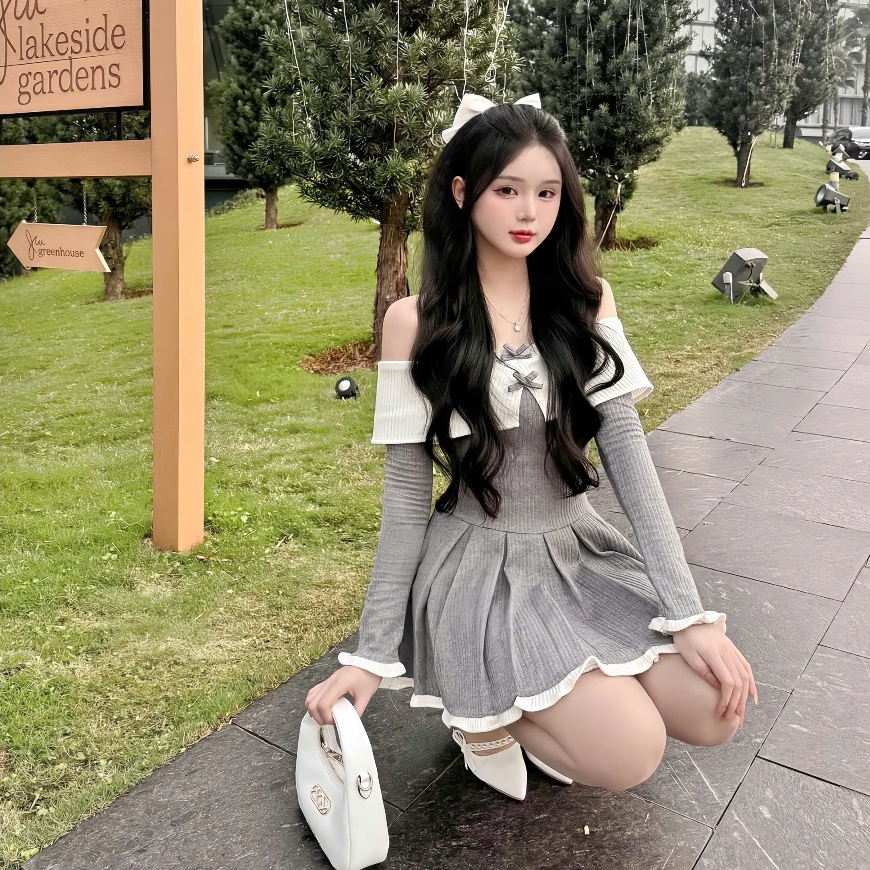 Đầm Tiểu Thư Trễ Vai Dài Tay Phối Trắng Viền Bèo Đính 2 Nơ Nhỏ Dáng Xoè | BigBuy360 - bigbuy360.vn