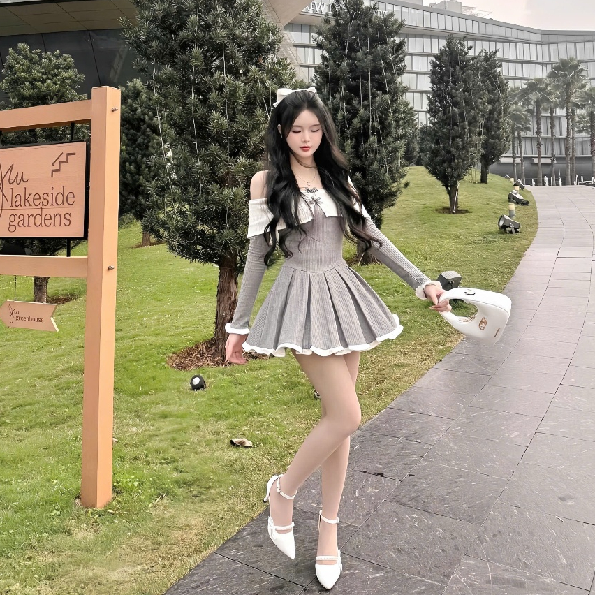 Đầm Tiểu Thư Trễ Vai Dài Tay Phối Trắng Viền Bèo Đính 2 Nơ Nhỏ Dáng Xoè | BigBuy360 - bigbuy360.vn